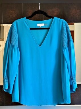Calvin Klein V-Neck Blouse in Blue Size Large